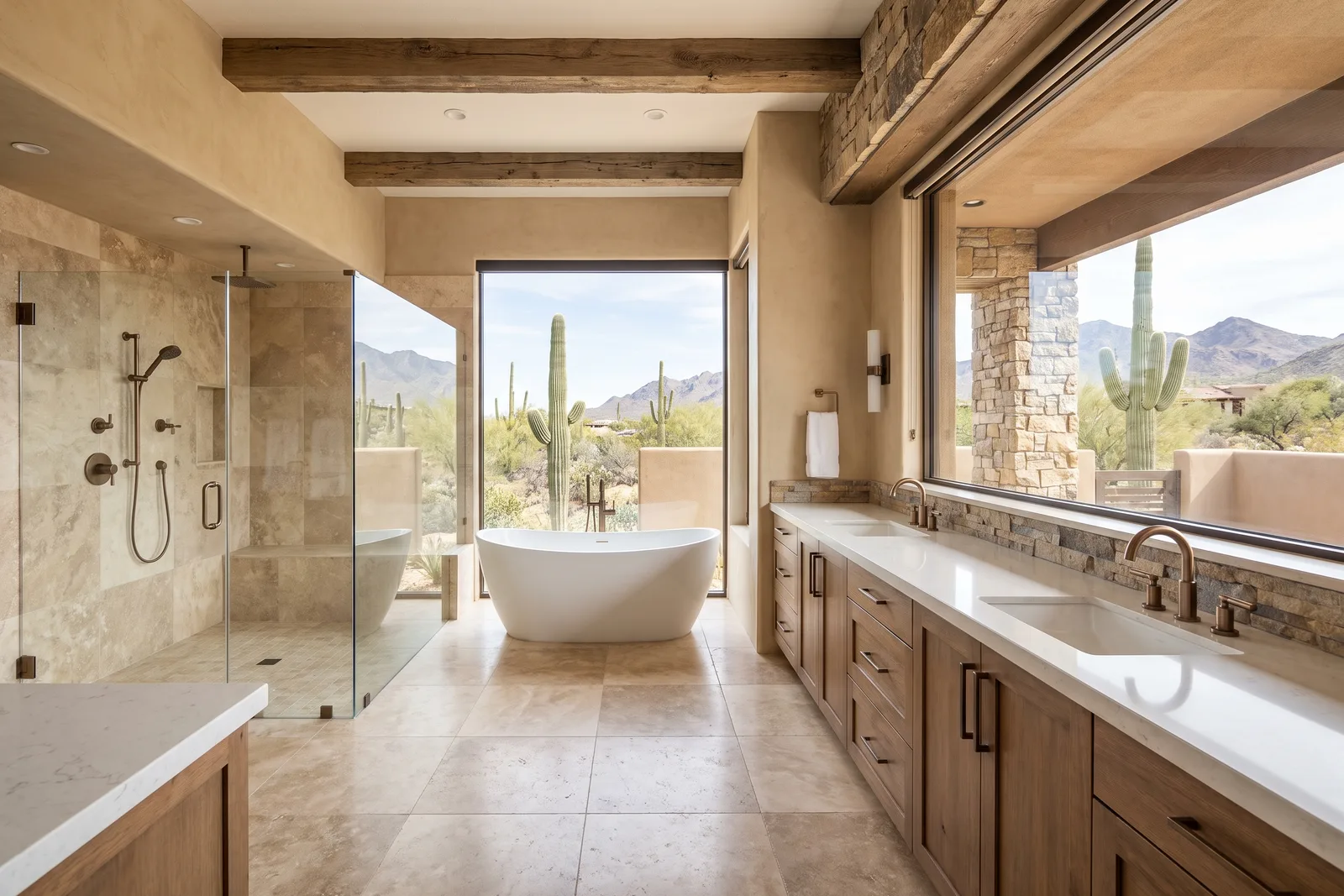 Full view of a large custom Arizona master bathroom with freestanding tub, double vanity and walk-in shower, the Valley, AZ