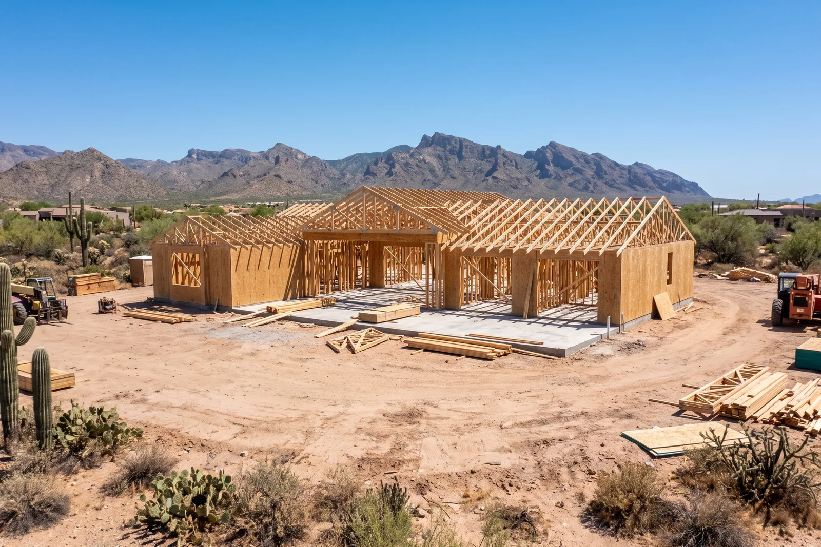 Custom Arizona home under construction with wood framing and desert mountains behind, the Valley, AZ