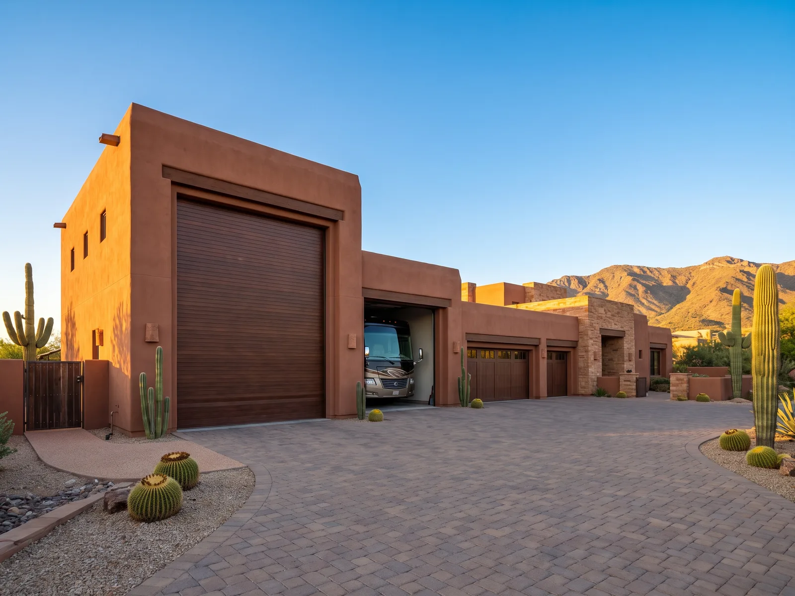 Oversized custom RV garage with tall door on a desert home in the Valley, Arizona